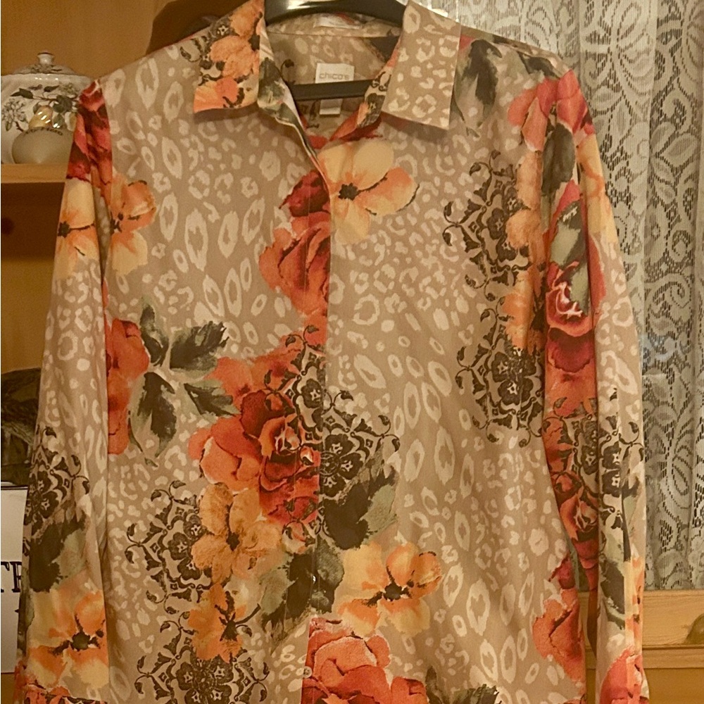 Chico's Beige Floral Button-Up with Orange Accents